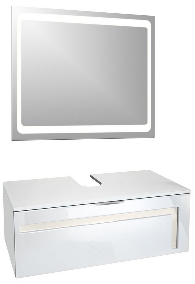 Vladon Waschbeckenunterschrank Aloha V2 (Wachtischunterschrank, mit LED-Spiegel und Waschbecken) Weiß matt/Weiß glänzend, Absetzung in Creme glänzend (96x36x51 cm) von Vladon