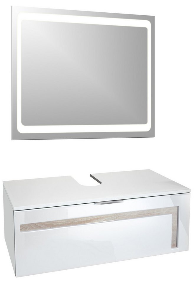 Vladon Waschbeckenunterschrank Aloha V2 (Wachtischunterschrank, mit LED-Spiegel und Waschbecken) Weiß matt/Weiß glänzend, Absetzung in Eiche sägerau (96x36x51 cm) von Vladon