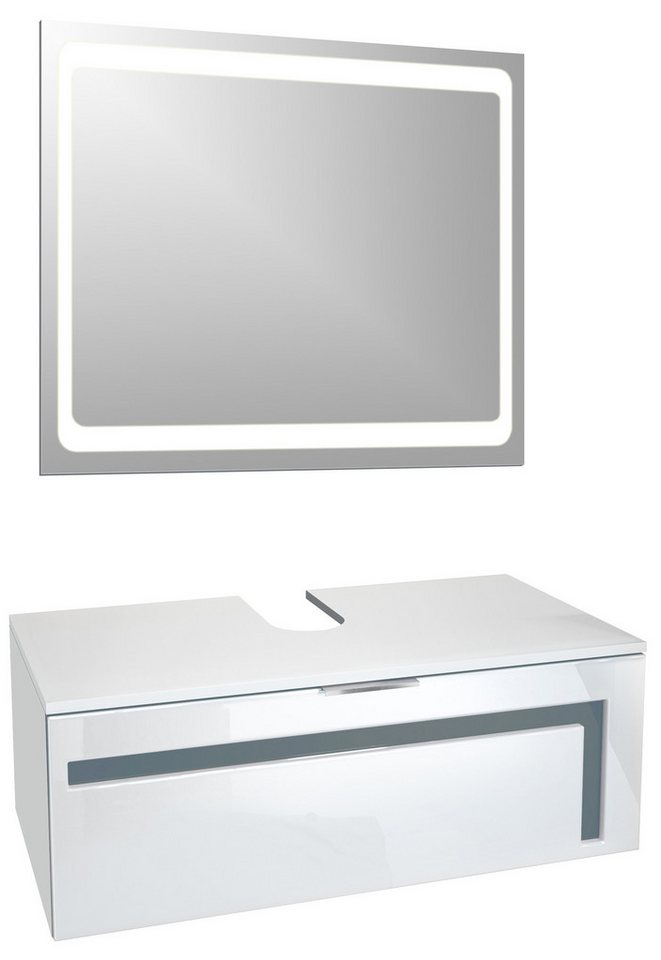 Vladon Waschbeckenunterschrank Aloha V2 (Wachtischunterschrank, mit LED-Spiegel und Waschbecken) Weiß matt/Weiß glänzend, Absetzung in Grau glänzend (96x36x51 cm) von Vladon
