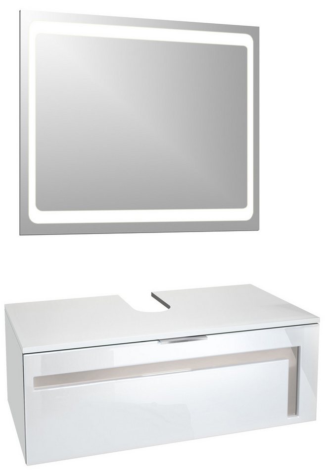 Vladon Waschbeckenunterschrank Aloha V2 (Wachtischunterschrank, mit LED-Spiegel und Waschbecken) Weiß matt/Weiß glänzend, Absetzung in Sandgrau glänzend (96x36x51 cm) von Vladon