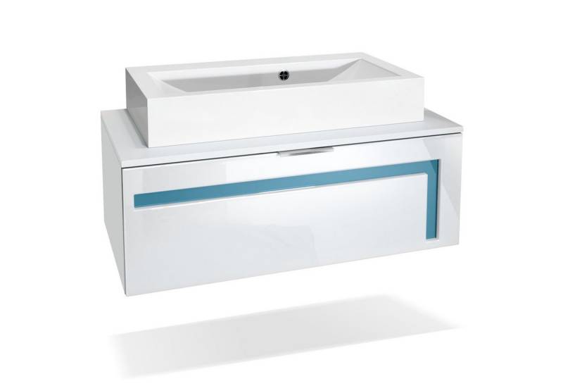 Vladon Waschbeckenunterschrank Aloha V2 (Wachtischunterschrank, mit Waschbecken) Weiß matt/Weiß Hochglanz, Absetzung in Petrol Hochglanz (96x36x51 cm) von Vladon