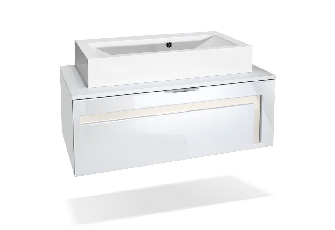 Vladon Waschbeckenunterschrank Aloha V2 (Wachtischunterschrank, mit Waschbecken) Weiß matt/Weiß glänzend, Absetzung in Creme glänzend (96x36x51 cm) von Vladon