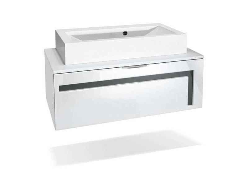 Vladon Waschbeckenunterschrank Aloha V2 (Wachtischunterschrank, mit Waschbecken) Weiß matt/Weiß glänzend, Absetzung in Grau glänzend (96x36x51 cm) von Vladon