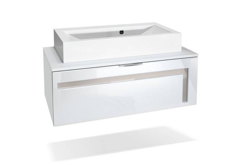 Vladon Waschbeckenunterschrank Aloha V2 (Wachtischunterschrank, mit Waschbecken) Weiß matt/Weiß glänzend, Absetzung in Sandgrau glänzend (96x36x51 cm) von Vladon