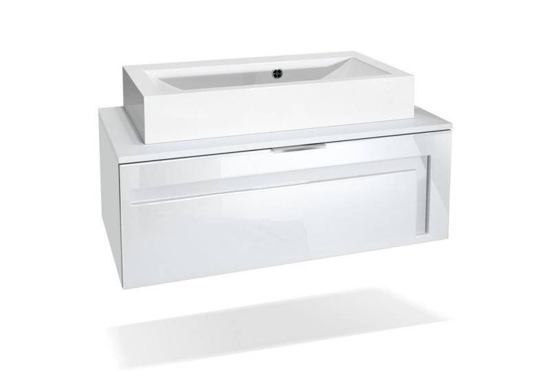 Vladon Waschbeckenunterschrank Aloha V2 (Wachtischunterschrank, mit Waschbecken) Weiß matt/Weiß glänzend, Absetzung in Weiß glänzend (96x36x51 cm) von Vladon