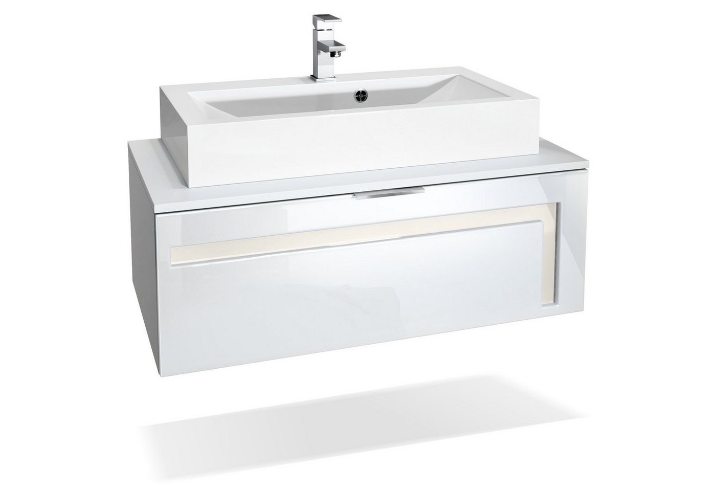 Vladon Waschbeckenunterschrank Aloha V2 (Wachtischunterschrank, mit Waschbecken und Armatur) Weiß matt/Weiß glänzend, Absetzung in Creme glänzend (96x36x51 cm) von Vladon