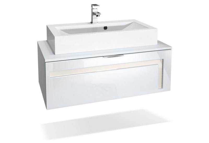 Vladon Waschbeckenunterschrank Aloha V2 (Wachtischunterschrank, mit Waschbecken und Armatur) Weiß matt/Weiß glänzend, Absetzung in Creme glänzend (96x36x51 cm) von Vladon