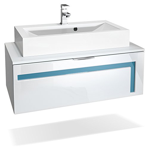 Vladon Waschtisch Waschbecken Unterschrank Aloha V2, Made in Germany, Korpus in Weiß matt/Fronten in Weiß Hochglanz mit Absetzungen in Petrol Hochglanz, mit Aufsatzwaschbecken und Armatur (M1) von Vladon