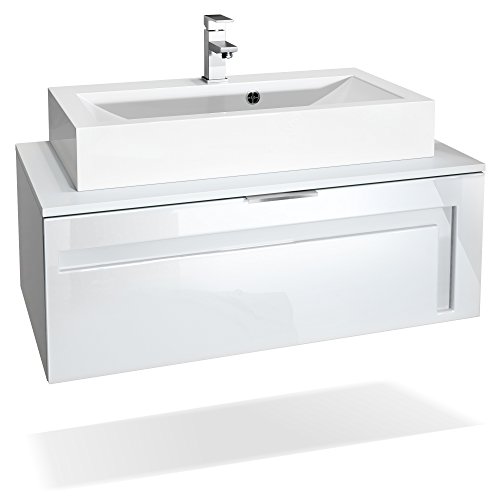 Vladon Waschtisch Waschbecken Unterschrank Aloha V2, Made in Germany, Korpus in Weiß matt/Fronten in Weiß Hochglanz mit Absetzungen in Weiß Hochglanz, mit Aufsatzwaschbecken und Armatur (M1) von Vladon