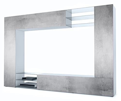 Vladon Wohnwand Mirage, Made in Germany, Anbauwand mit Rückwand mit 2 Türen, 2 Klappen und 6 offenen Glasablagen, Schwarz matt/Beton Oxid-Optik (262 x 183 x 39 cm) von Vladon