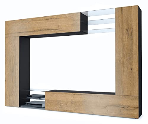 Vladon Wohnwand Mirage, Made in Germany, Anbauwand mit Rückwand mit 2 Türen, 2 Klappen und 6 offenen Glasablagen, Schwarz matt/Eiche Natur (262 x 183 x 39 cm) von Vladon