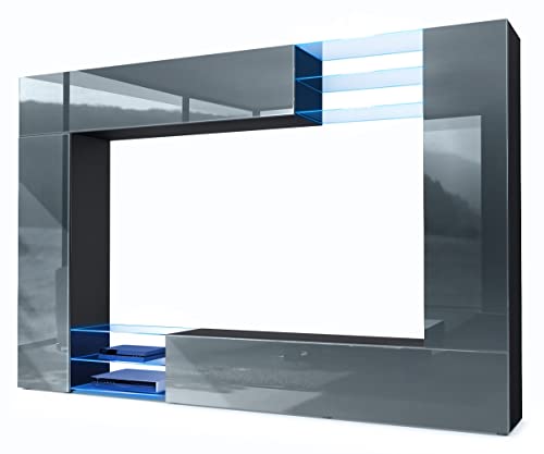 Vladon Wohnwand Mirage, Made in Germany, Anbauwand mit Rückwand mit 2 Türen, 2 Klappen und 6 offenen Glasablagen, Schwarz matt/Grau Hochglanz, inkl. LED-Beleuchtung (262 x 183 x 39 cm) Vladon Wohnwand Mirage, Made in Germany, Anbauwand mit Rückwand mit 2 Türen, 2 Klappen und 6 offenen Glasablagen, Schwarz matt/Grau Hochglanz, inkl. LED-Beleuchtung (262 x 183 x 39 cm) von Vladon