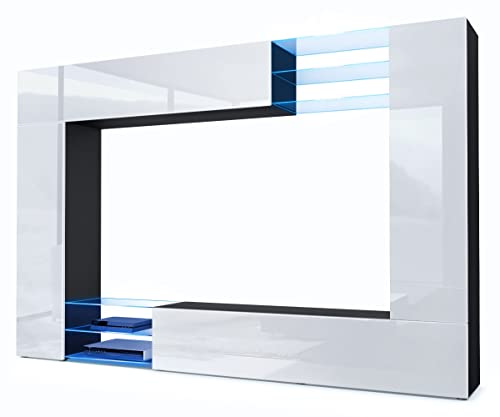 Vladon Wohnwand Mirage, Made in Germany, Anbauwand mit Rückwand mit 2 Türen, 2 Klappen und 6 offenen Glasablagen, Schwarz matt/Weiß Hochglanz, inkl. LED-Beleuchtung (262 x 183 x 39 cm) von Vladon