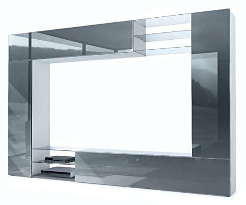 Vladon Wohnwand Mirage, Made in Germany, Anbauwand mit Rückwand mit 2 Türen, 2 Klappen und 6 offenen Glasablagen, Weiß matt/Grau Hochglanz (262 x 183 x 39 cm) von Vladon