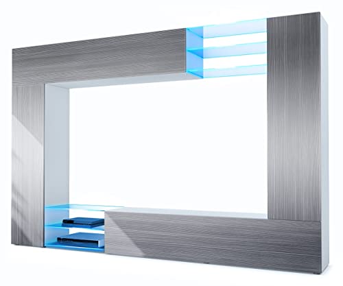 Vladon Wohnwand Mirage, Made in Germany, Anbauwand mit Rückwand mit 2 Türen, 2 Klappen und 6 offenen Glasablagen, Weiß matt/Avola-Anthrazit, inkl. LED-Beleuchtung (262 x 183 x 39 cm) von Vladon