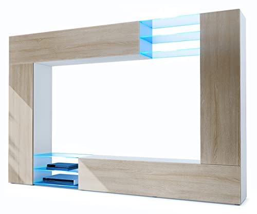 Vladon Wohnwand Mirage, Made in Germany, Anbauwand mit Rückwand mit 2 Türen, 2 Klappen und 6 offenen Glasablagen, Weiß matt/Eiche sägerau, inkl. LED-Beleuchtung (262 x 183 x 39 cm) Vladon Wohnwand Mirage, Made in Germany, Anbauwand mit Rückwand mit 2 Türen, 2 Klappen und 6 offenen Glasablagen, Weiß matt/Eiche sägerau, inkl. LED-Beleuchtung (262 x 183 x 39 cm) von Vladon