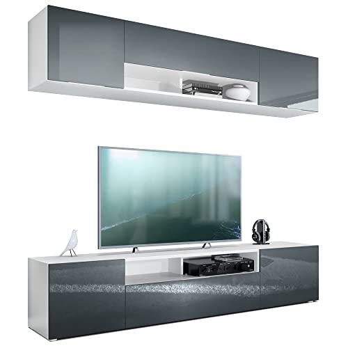 Vladon Wohnwand Mogan, Weiß matt/Grau Hochglanz - Moderne Anbauwand bestehend aus 2 TV-Boards (181 x 147 x 35 cm) von Vladon