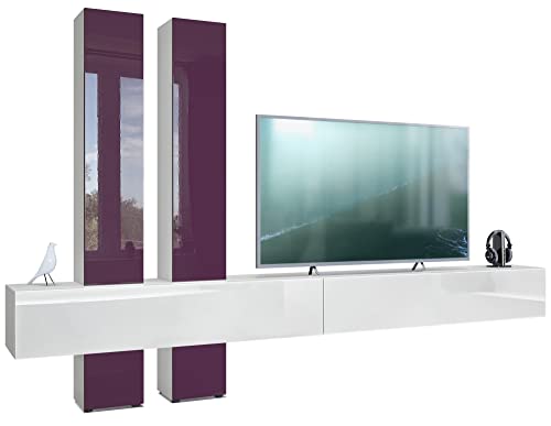 Vladon Wohnwand Moja, Made in Germany, Weiß matt & Weiß/Brombeer Hochglanz - Moderne Anbauwand für Ihr Wohnzimmer (BxHxT) 330 x 204 x 39 cm von Vladon
