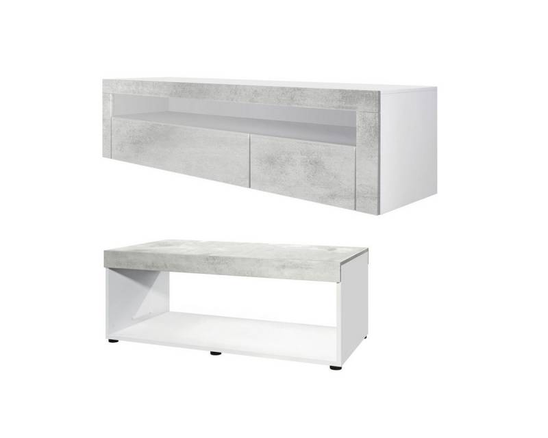 Vladon Wohnwand Berlin, (Wohnzimmer-Set, bestehend aus 1 TV Board und 1 Couchtisch), Weiß matt/Beton Oxid Optik von Vladon
