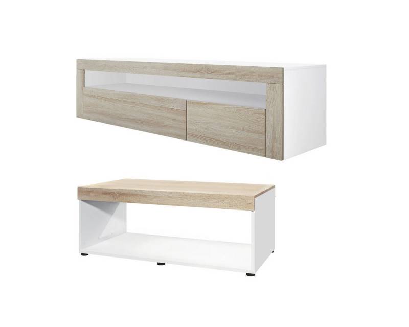 Vladon Wohnwand Berlin, (Wohnzimmer-Set, bestehend aus 1 TV Board und 1 Couchtisch), Weiß matt/Eiche sägerau von Vladon