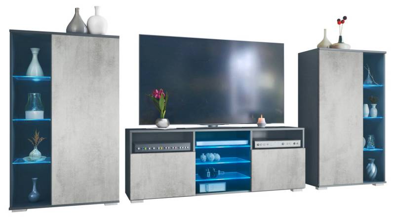 Vladon Wohnwand Davos, (Anbauwand, bestehend aus 2 Vitrinen, 1 TV-Board und LED-Beleuchtung), Anthrazit matt/Beton Oxid Optik (329 x 134 x 35 cm) von Vladon