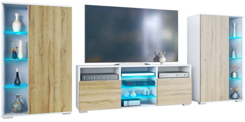 Vladon Wohnwand Davos, (Anbauwand, bestehend aus 2 Vitrinen, 1 TV-Board und LED-Beleuchtung), Weiß matt/Eiche Natur (329 x 134 x 35 cm) von Vladon