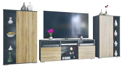Vladon Wohnwand Davos, Anbauwand bestehend aus 2 Vitrinen und 1 TV-Board, Anthrazit matt/Eiche Natur (329 x 134 x 35 cm) von Vladon