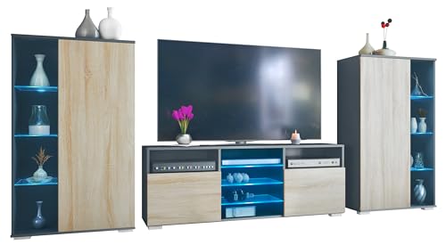 Vladon Wohnwand Davos, Anbauwand bestehend aus 2 Vitrinen und 1 TV-Board, Anthrazit matt/Eiche sägerau inkl. LED-Beleuchtung (329 x 134 x 35 cm) von Vladon