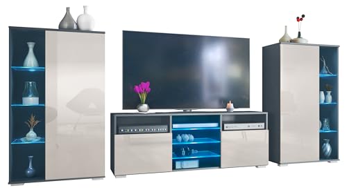 Vladon Wohnwand Davos, Anbauwand bestehend aus 2 Vitrinen und 1 TV-Board, Anthrazit matt/Sandgrau Hochglanz inkl. LED-Beleuchtung (329 x 134 x 35 cm) von Vladon