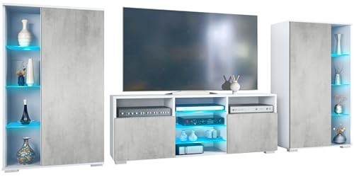 Vladon Wohnwand Davos, Anbauwand bestehend aus 2 Vitrinen und 1 TV-Board, Weiß matt/Beton Oxid Optik inkl. LED-Beleuchtung (329 x 134 x 35 cm) von Vladon