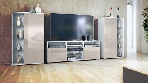 Vladon Wohnwand Davos, Anbauwand bestehend aus 2 Vitrinen und 1 TV-Board, Weiß matt/Sandgrau Hochglanz (329 x 134 x 35 cm) von Vladon