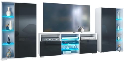 Vladon Wohnwand Davos, Anbauwand bestehend aus 2 Vitrinen und 1 TV-Board, Weiß matt/Schwarz Hochglanz inkl. LED-Beleuchtung (329 x 134 x 35 cm) von Vladon