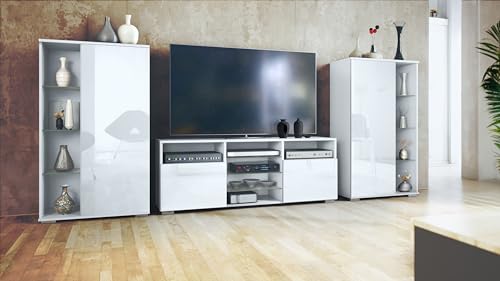 Vladon Wohnwand Davos, Anbauwand bestehend aus 2 Vitrinen und 1 TV-Board, Weiß matt/Weiß Hochglanz (329 x 134 x 35 cm) von Vladon