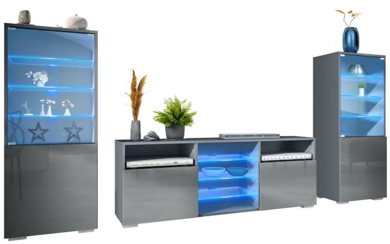 Vladon Wohnwand Granada, (Anbauwand, bestehend aus 2 Vitrinen, 1 TV-Board und LED-Beleuchtung), Anthrazit matt/Grau Hochglanz (286 x 122,5 x 35 cm) von Vladon