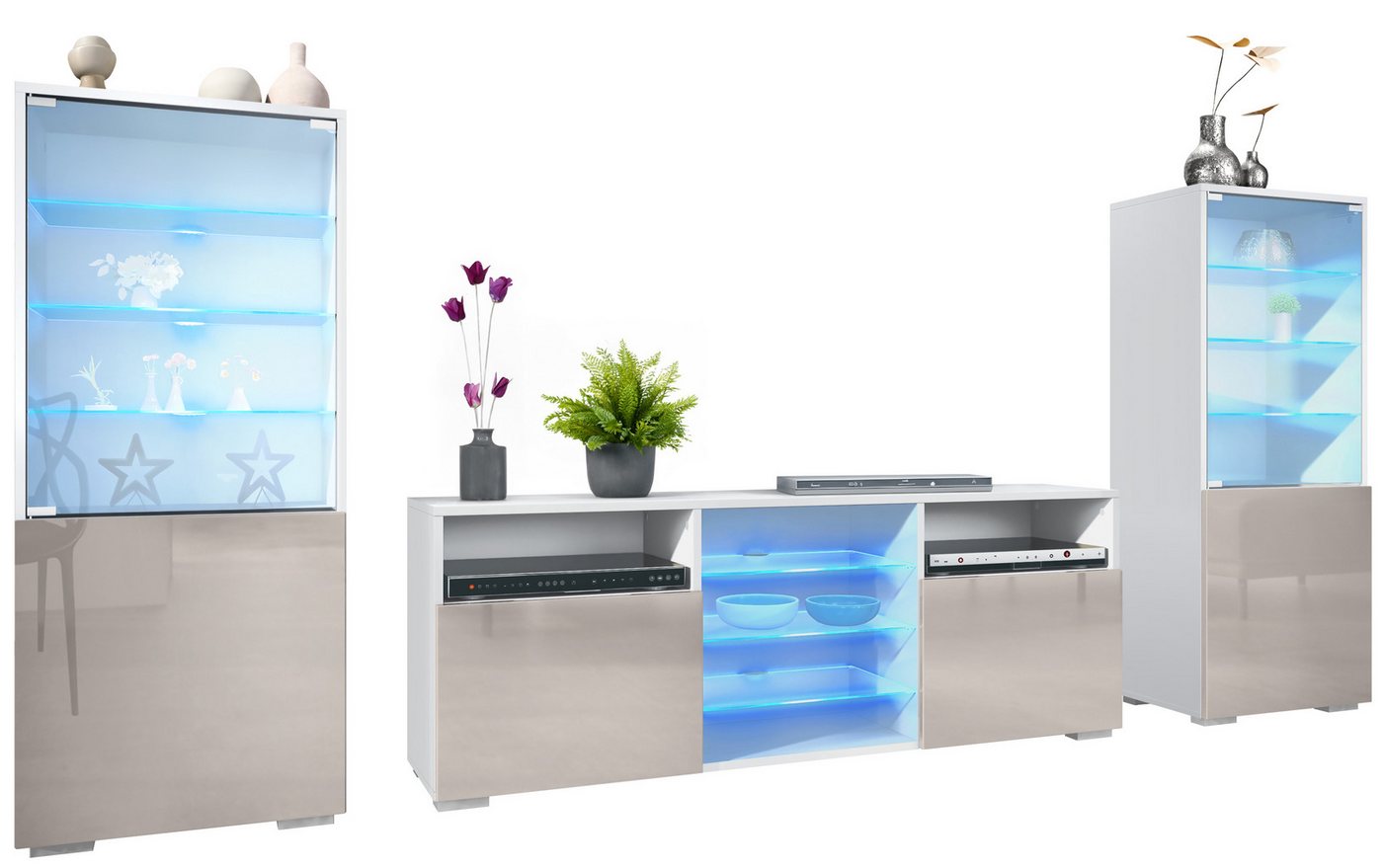 Vladon Wohnwand Granada, (Anbauwand, bestehend aus 2 Vitrinen, 1 TV-Board und LED-Beleuchtung), Weiß matt/Sandgrau Hochglanz (286 x 122,5 x 35 cm) von Vladon