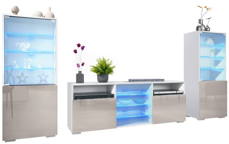 Vladon Wohnwand Granada, (Anbauwand, bestehend aus 2 Vitrinen, 1 TV-Board und LED-Beleuchtung), Weiß matt/Sandgrau Hochglanz (286 x 122,5 x 35 cm) von Vladon