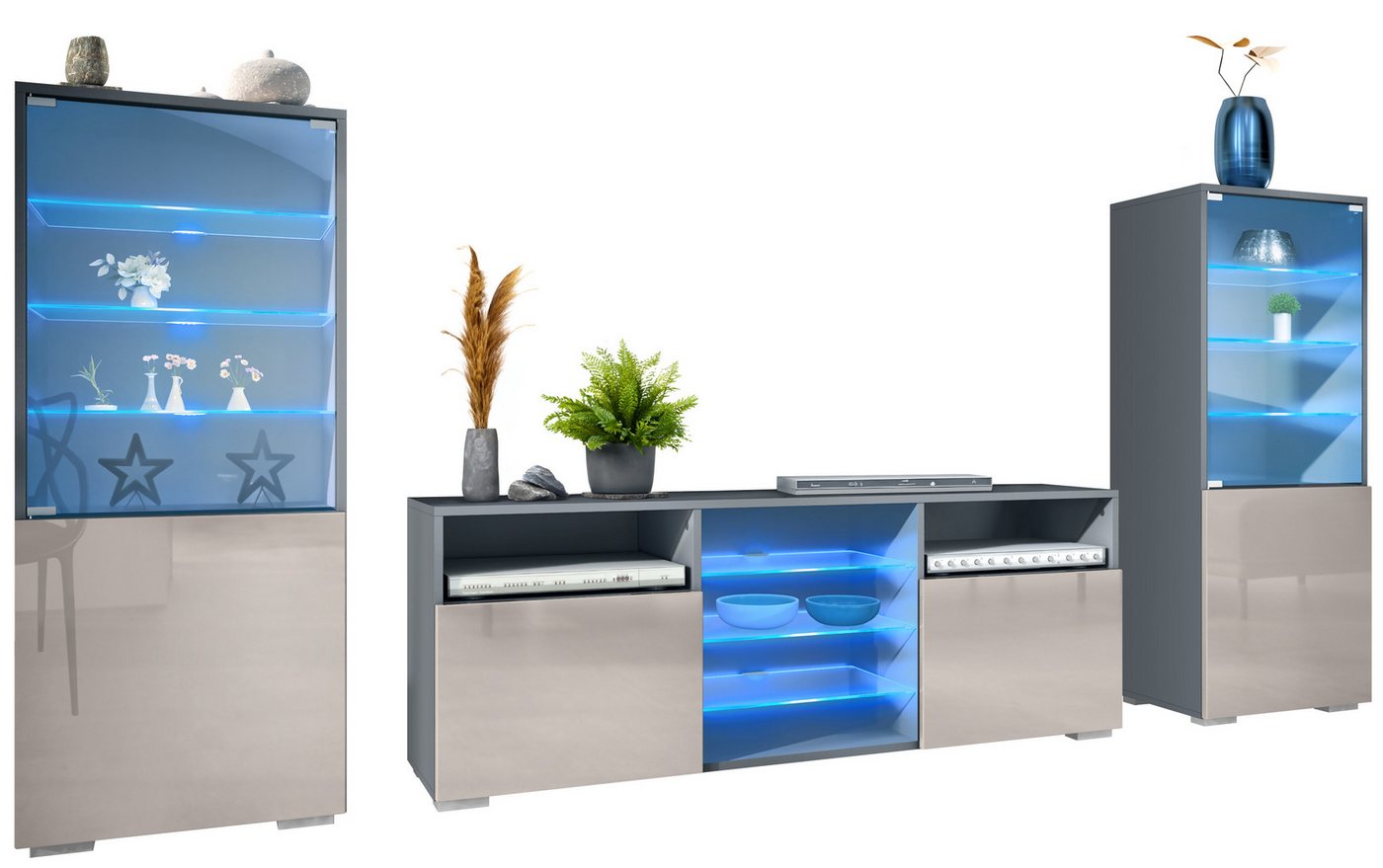 Vladon Wohnwand Granada, (Anbauwand, bestehend aus 2 Vitrinen, 1 TV-Board und LED-Beleuchtung), Anthrazit matt/Sandgrau Hochglanz (286 x 122,5 x 35 cm) von Vladon