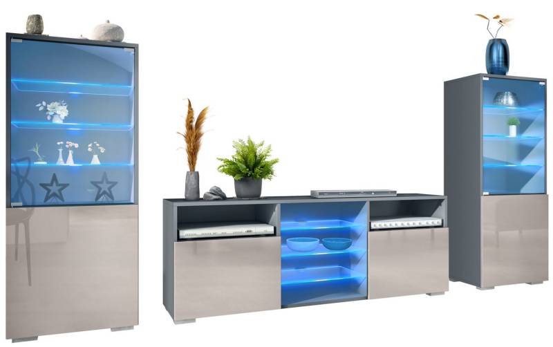 Vladon Wohnwand Granada, (Anbauwand, bestehend aus 2 Vitrinen, 1 TV-Board und LED-Beleuchtung), Anthrazit matt/Sandgrau Hochglanz (286 x 122,5 x 35 cm) von Vladon