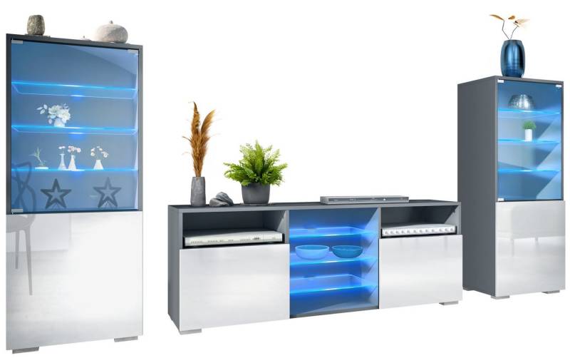 Vladon Wohnwand Granada, (Anbauwand, bestehend aus 2 Vitrinen, 1 TV-Board und LED-Beleuchtung), Anthrazit matt/Weiß Hochglanz (286 x 122,5 x 35 cm) von Vladon