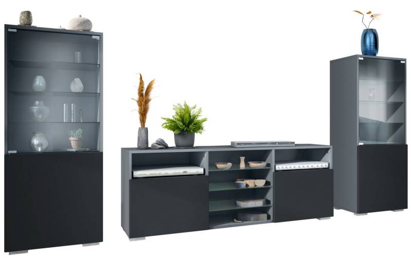 Vladon Wohnwand Granada, (Anbauwand, bestehend aus 2 Vitrinen und 1 TV-Board), Anthrazit matt/Schwarz matt (286 x 122,5 x 35 cm) von Vladon
