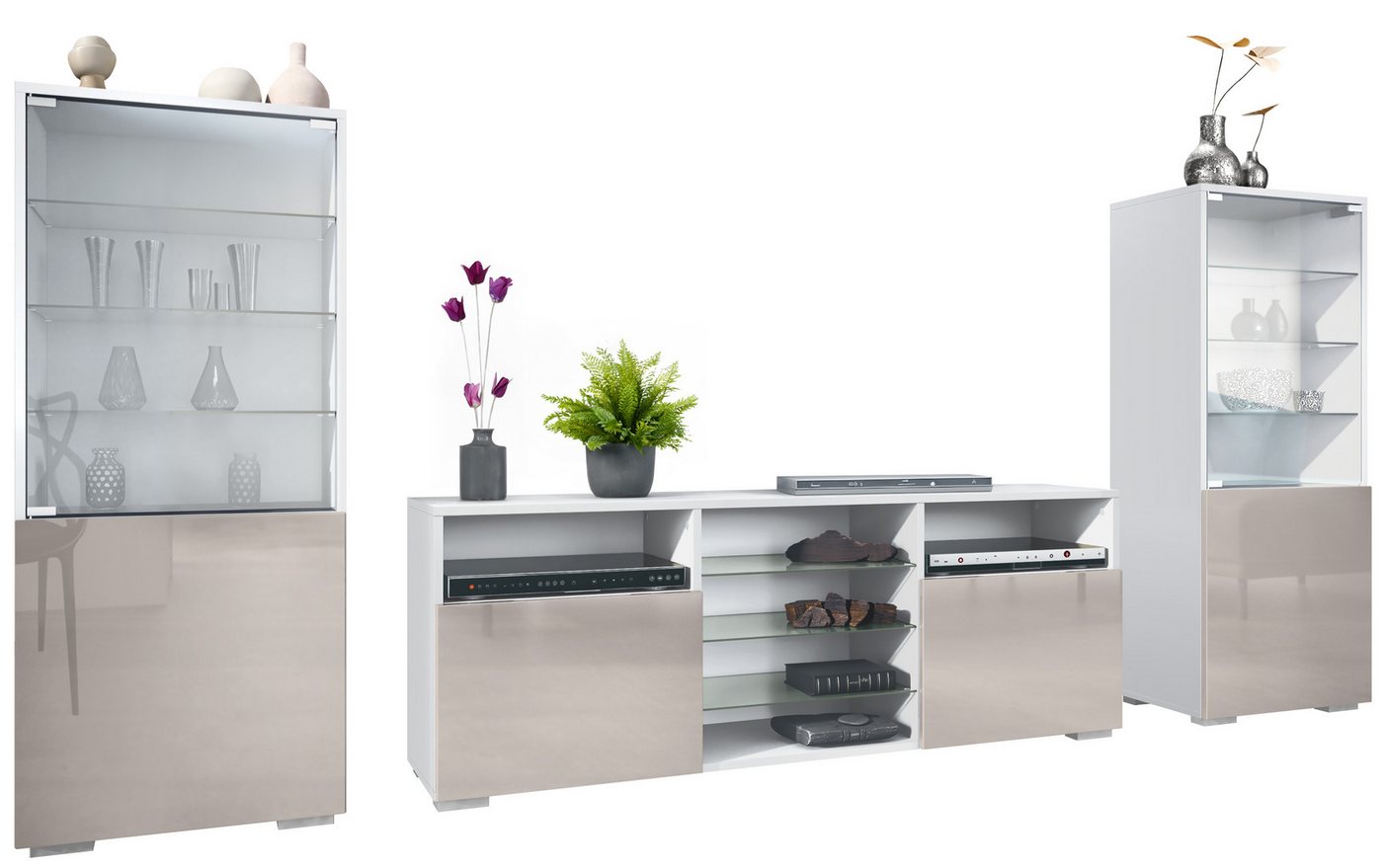 Vladon Wohnwand Granada, (Anbauwand, bestehend aus 2 Vitrinen und 1 TV-Board), Weiß matt/Sandgrau Hochglanz (286 x 122,5 x 35 cm) von Vladon