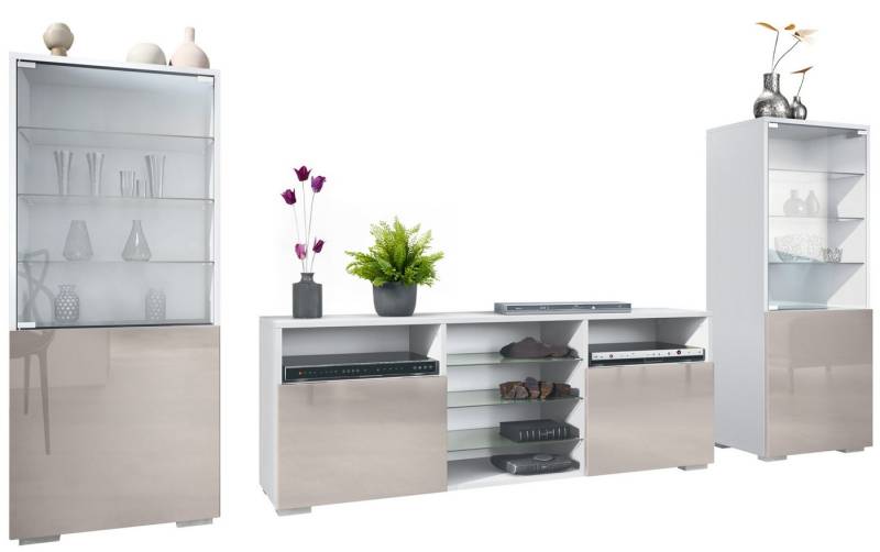 Vladon Wohnwand Granada, (Anbauwand, bestehend aus 2 Vitrinen und 1 TV-Board), Weiß matt/Sandgrau Hochglanz (286 x 122,5 x 35 cm) von Vladon