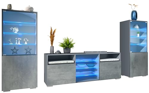 Vladon Wohnwand Granada, Anbauwand bestehend aus 2 Vitrinen und 1 TV-Board, Anthrazit matt/Beton Dunkel Optik inkl. LED-Beleuchtung (286 x 122,5 x 35 cm) von Vladon