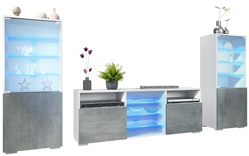 Vladon Wohnwand Granada, Anbauwand bestehend aus 2 Vitrinen und 1 TV-Board, Weiß matt/Beton Dunkel Optik inkl. LED-Beleuchtung (286 x 122,5 x 35 cm) von Vladon