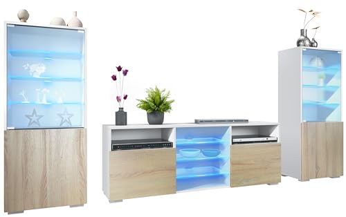 Vladon Wohnwand Granada, Anbauwand bestehend aus 2 Vitrinen und 1 TV-Board, Weiß matt/Eiche sägerau inkl. LED-Beleuchtung (286 x 122,5 x 35 cm) von Vladon