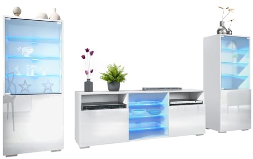 Vladon Wohnwand Granada, Anbauwand bestehend aus 2 Vitrinen und 1 TV-Board, Weiß matt/Weiß Hochglanz inkl. LED-Beleuchtung (286 x 122,5 x 35 cm) von Vladon