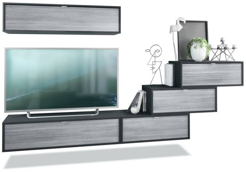 Vladon Wohnwand Lana V1, (Anbauwand, bestehend aus 5 Hängeelementen mit 12 Fächern), Schwarz matt/Avola-Anthrazit (275 x 180 x 37 cm) von Vladon