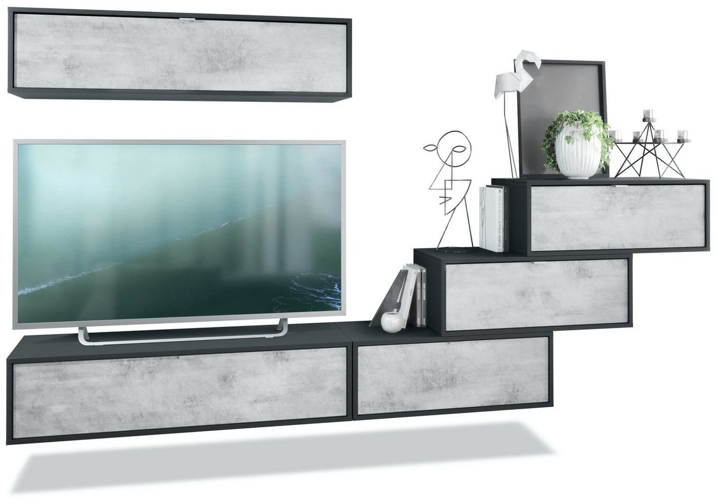 Vladon Wohnwand Lana V1, (Anbauwand, bestehend aus 5 Hängeelementen mit 12 Fächern), Schwarz matt/Beton Oxid Optik (275 x 180 x 37 cm) von Vladon