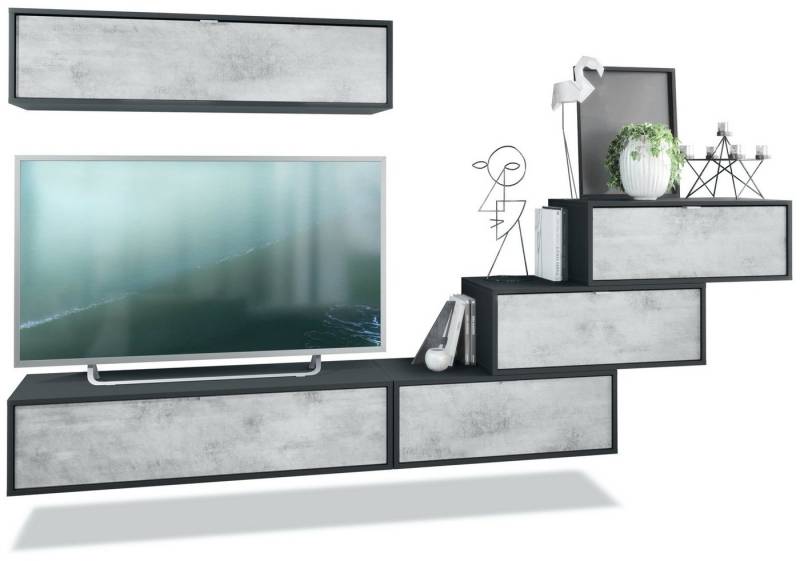 Vladon Wohnwand Lana V1, (Anbauwand, bestehend aus 5 Hängeelementen mit 12 Fächern), Schwarz matt/Beton Oxid Optik (275 x 180 x 37 cm) von Vladon