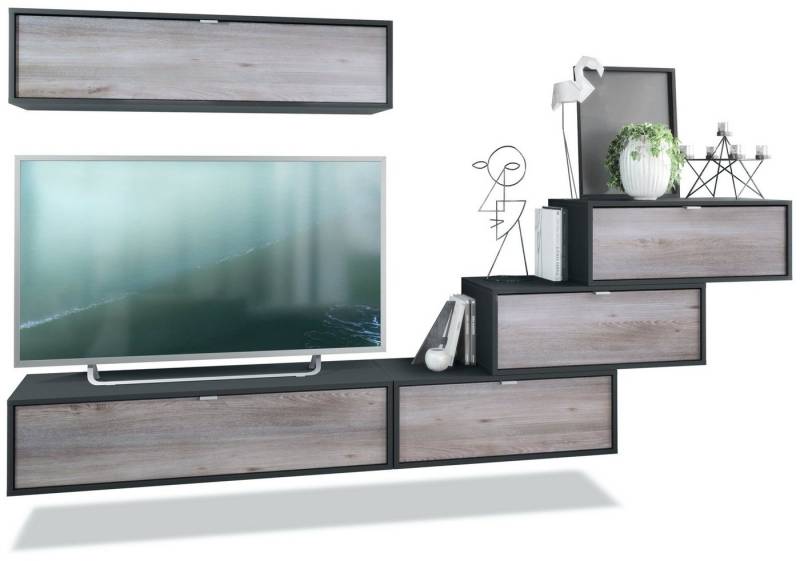 Vladon Wohnwand Lana V1, (Anbauwand, bestehend aus 5 Hängeelementen mit 12 Fächern), Schwarz matt/Eiche Nordic (275 x 180 x 37 cm) von Vladon